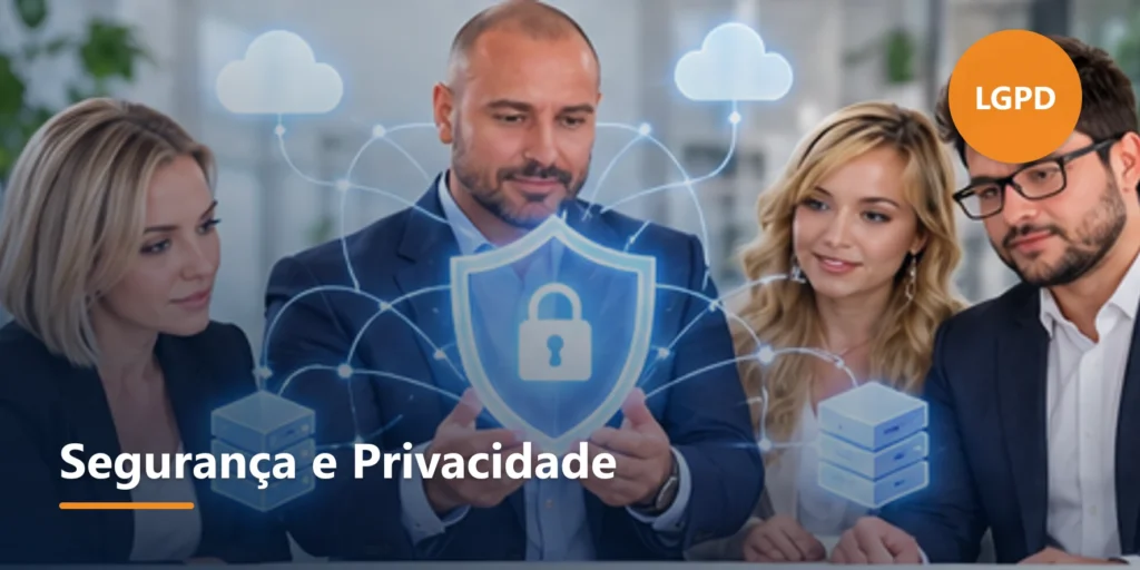 Ilustração editorial sobre Segurança, privacidade e conformidade.