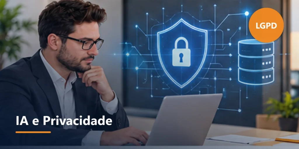 Ilustração editorial sobre IA, dados, privacidade e operações modernas de marketing.