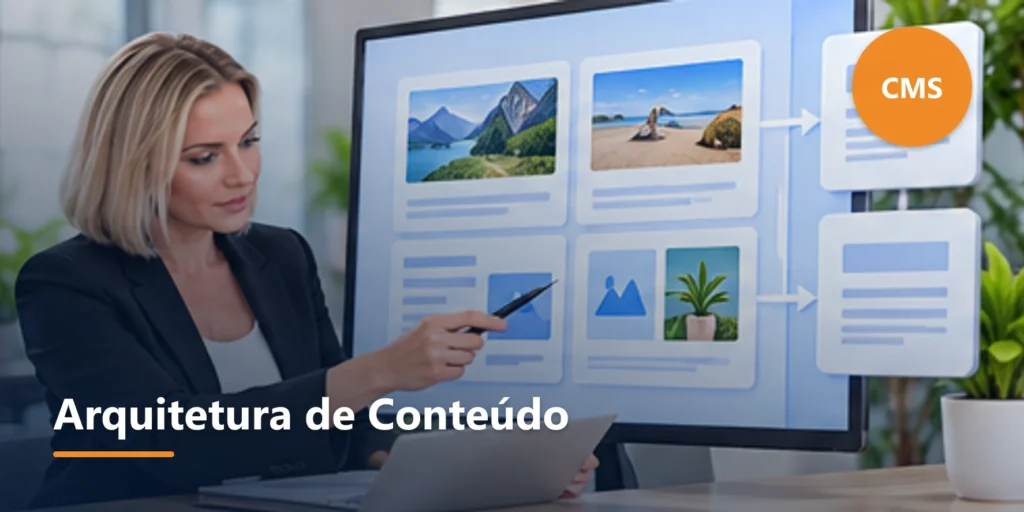 Ilustração editorial sobre Arquitetura de conteúdo, templates e fluxos editoriais.