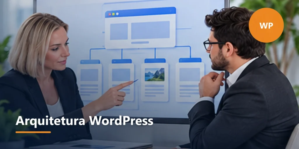 Ilustração editorial sobre Arquitetura e desenvolvimento WordPress com SEO em primeiro lugar.